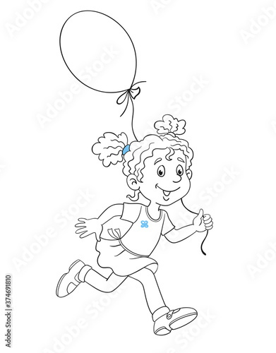 Cute funny girl runs with a big balloon in her hand. Black and white picture with a blue accent. In cartoon style. Isolated on white background. For coloring book. Vector illustration.