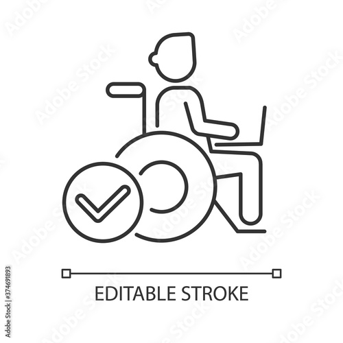 Inclusive job linear icon. Company policy, personnel diversity thin line customizable illustration. Contour symbol. Freelancer in wheelchair vector isolated outline drawing. Editable stroke