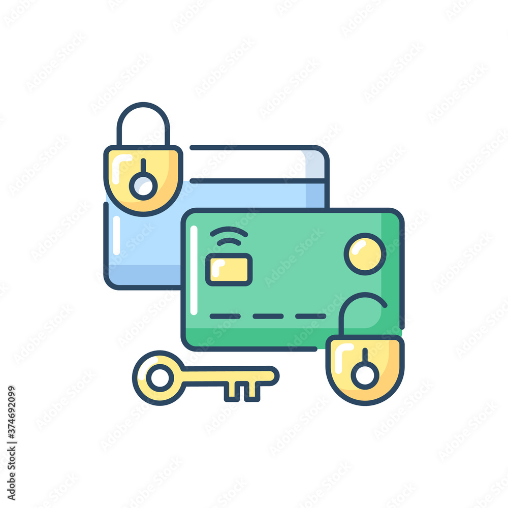 Lock and unlock card RGB color icon. Safety money transaction. Credit card security system. Bank personal account protection. Isolated vector illustration Lock and unlock card RGB color icon. Safety money transaction. Credit card security system. Bank personal account protection. Isolated vector illustration