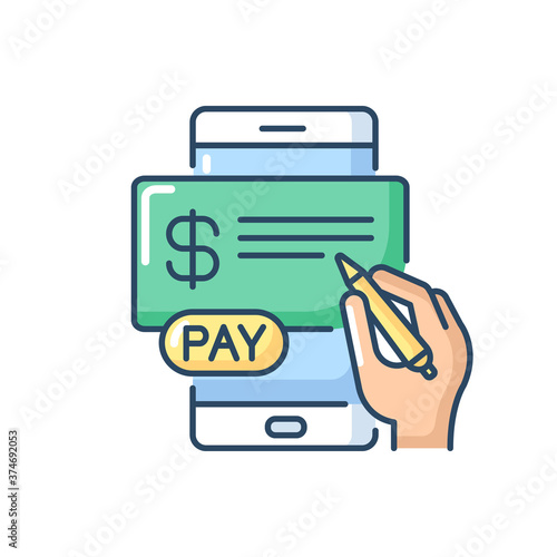 Pay in cheques RGB color icon. E billing system. Mobile banking service. Online paperless check. Money digital transaction. Isolated vector illustration