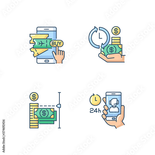 Mobile bank service app using RGB color icons set. Buying tickets. Apply for loans. Transaction limit. Customer care. Isolated vector illustrations
