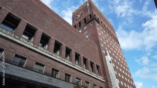 Oslo City hall, Rådhuset Oslo, Norway. old brick building. 
