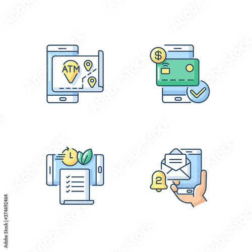 Mobile bank service app RGB color icons set. ATMs map. Email alert. Paperless statements. Check balances. Isolated vector illustrations