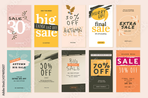 Set of mobile sale banners. Autumn sale. Vector illustrations for website and mobile banners, print material, newsletter designs, coupons, marketing.