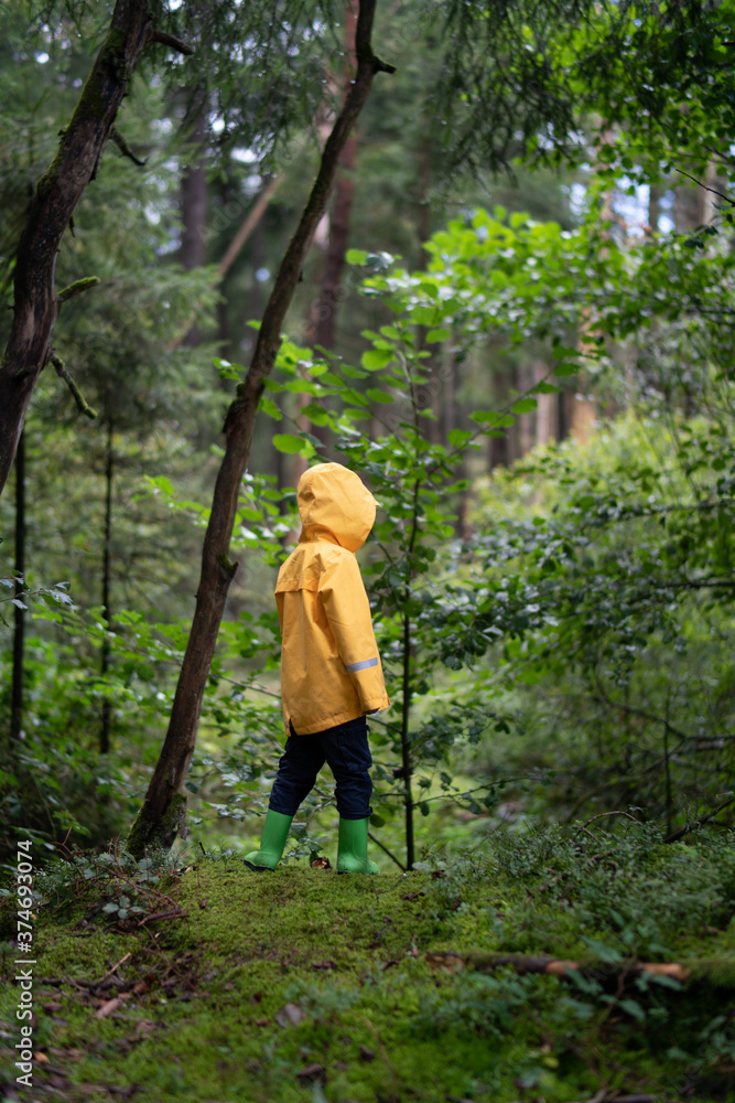 Litte boy plays in the woods with a yellow jacket Litte boy plays in the woods with a yellow jacket