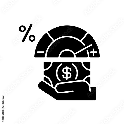 Credit score changing black glyph icon. Getting bank loan. Creditworthiness analysis. Interest rate and credit risk measuring. Silhouette symbol on white space. Vector isolated illustration