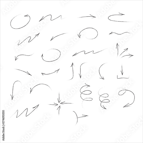 Set of black grunge hand drawn arrows isolated on white. Vector illustration. Doodle arrow collection of hand drawn arrows, vector set.