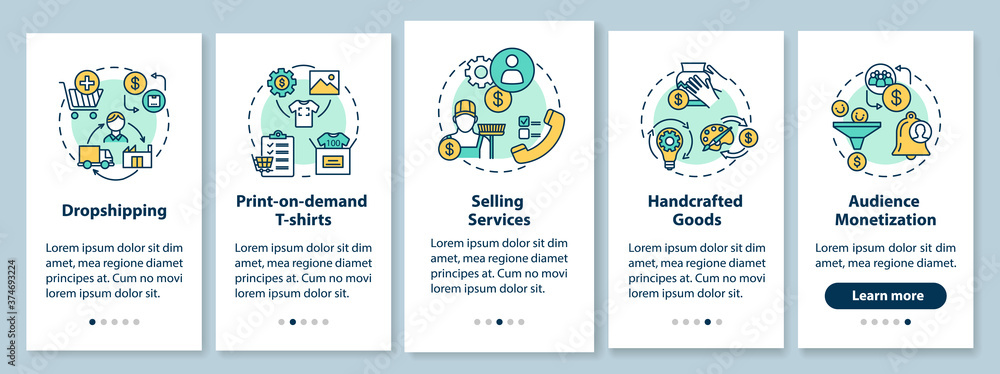 Low investment business ideas onboarding mobile app page screen with concepts. Financial management walkthrough five steps graphic instructions. UI vector template with RGB color illustrations