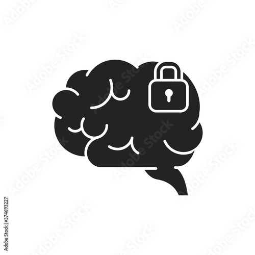 Brain blocking glyph black icon. Symptom of dementia. Brain does not process or absorb new information. Sign for web page, mobile app, button, logo.