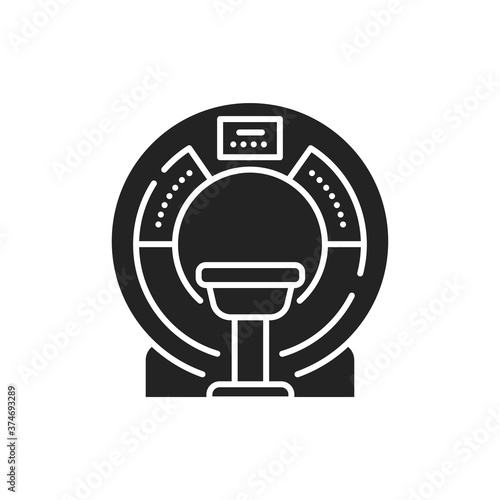 MRI machine scan device in hospital glyph black icon. Diagnosis of dementia. Medical equipment and health care concept. Sign for web page, mobile app, logo.