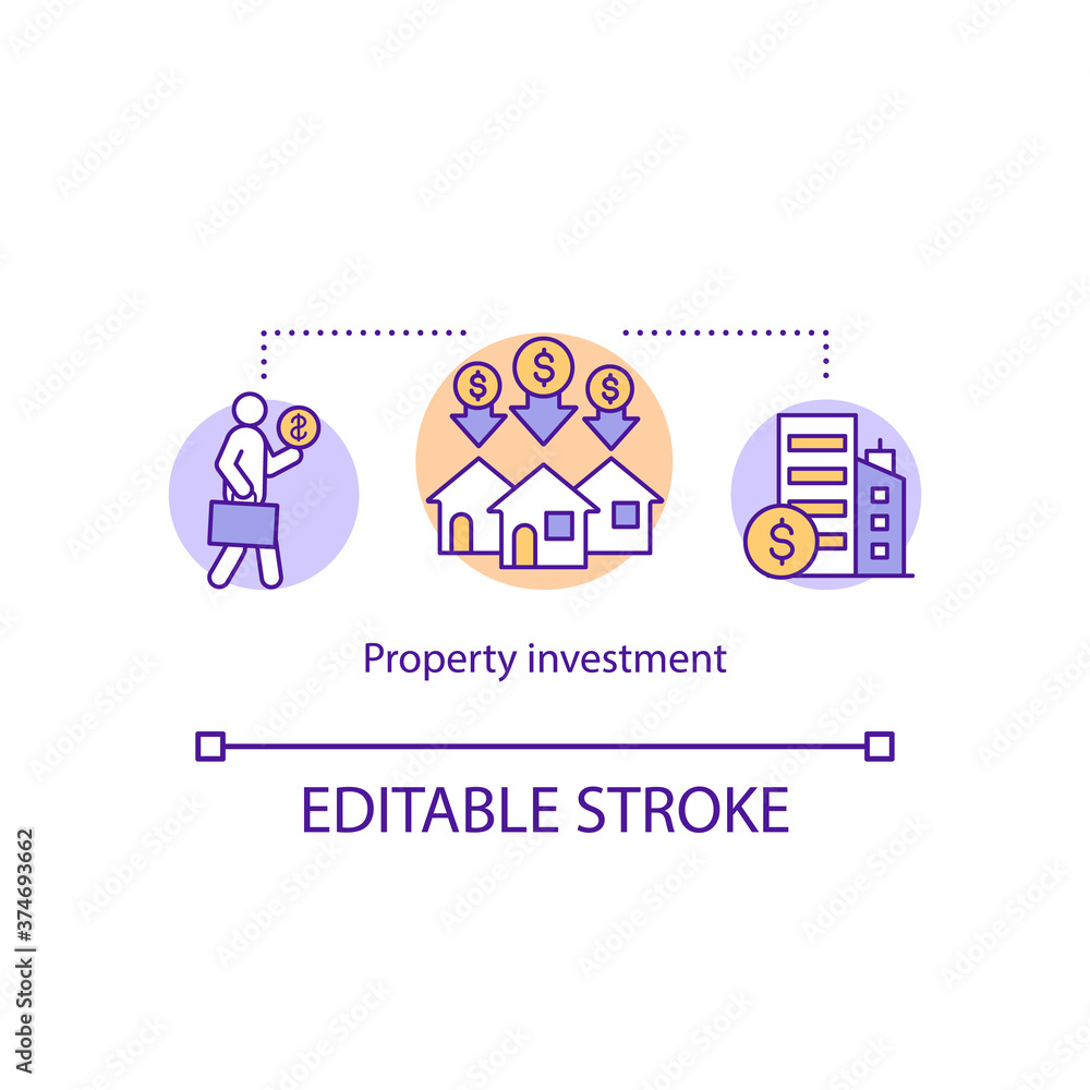 Property investment concept icon. Capital management, real estate business idea thin line illustration. Purchasing houses. Vector isolated outline RGB color drawing. Editable stroke