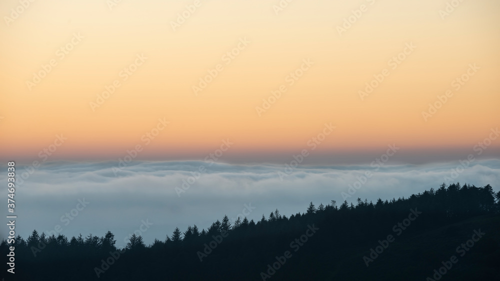 Fototapeta premium Majestic landscape image of cloud inversion at sunset over Dartmoor National Park in Engand with cloud rolling through forest on horizon