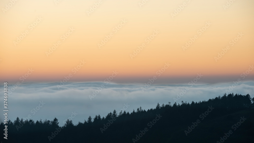 Majestic landscape image of cloud inversion at sunset over Dartmoor National Park in Engand with cloud rolling through forest on horizon