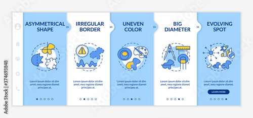 Melanoma ABCDE symptoms onboarding vector template. Asymmetrical shape. Uneven color. Big diameter. Responsive mobile website with icons. Webpage walkthrough step screens. RGB color concept