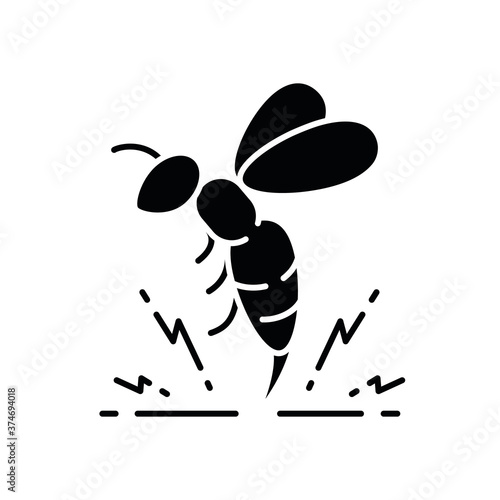 Bee venom black glyph icon. Honeybee attack, flying insect injecting poison. Beekeeping, apiculture, apiology silhouette symbol on white space. Stinging bumblebee, hornet vector isolated illustration