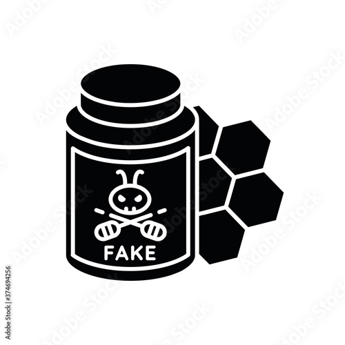 Fake honey black glyph icon. Artificial food, synthetic bee product silhouette symbol on white space. Sweet dessert, delicious dainty. Jar with man made syrup, DIY honey vector isolated illustration