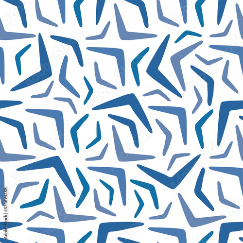 Different blue boomerangs isolated on white background. Abstract seamless pattern. Vector flat monochrome graphic hand drawn illustration. Texture.