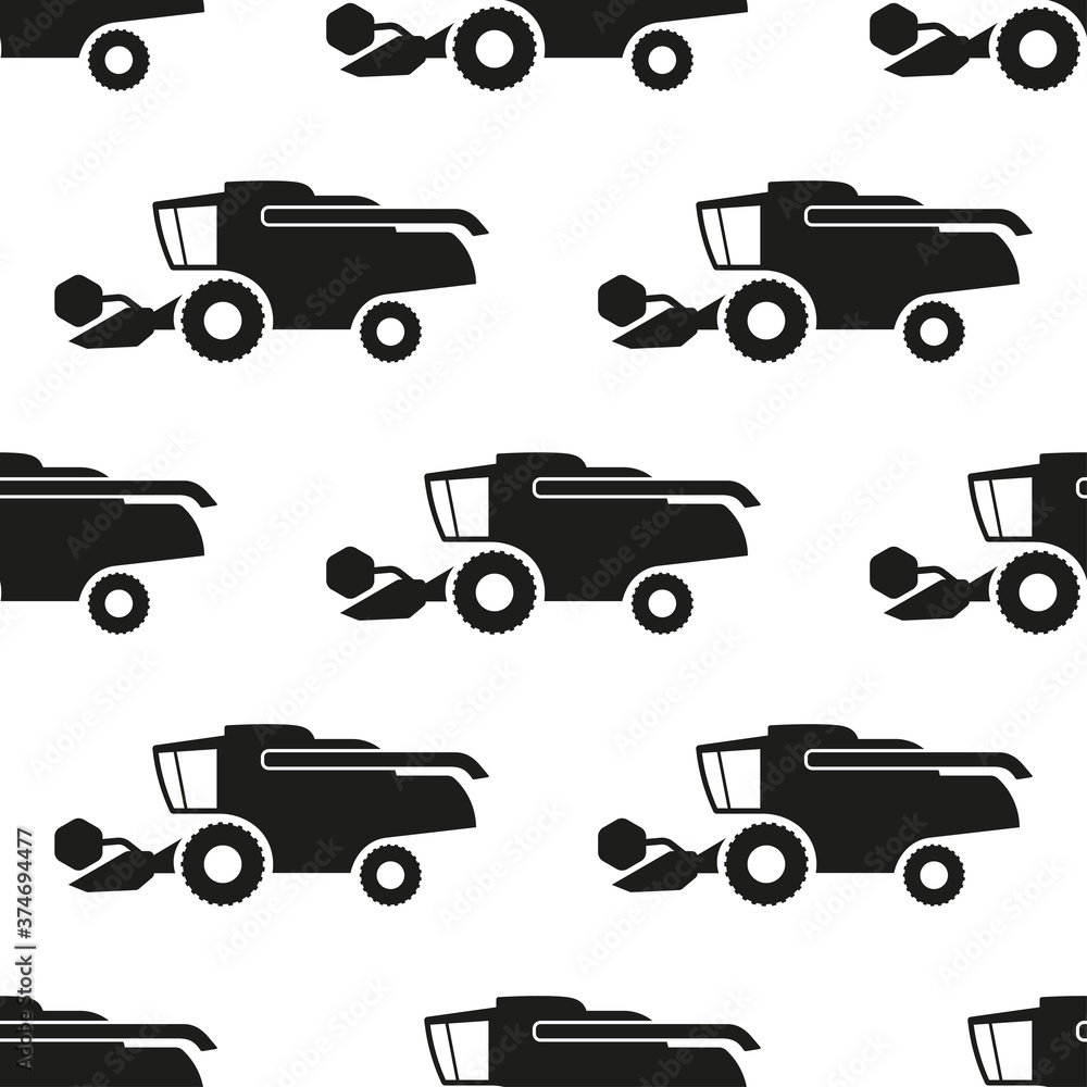 Black combine harvesters isolated on white background. Simple monochrome seamless pattern. Side view. Vector flat graphic illustration. Texture. Black combine harvesters isolated on white background. Simple monochrome seamless pattern. Side view. Vector flat graphic illustration. Texture.