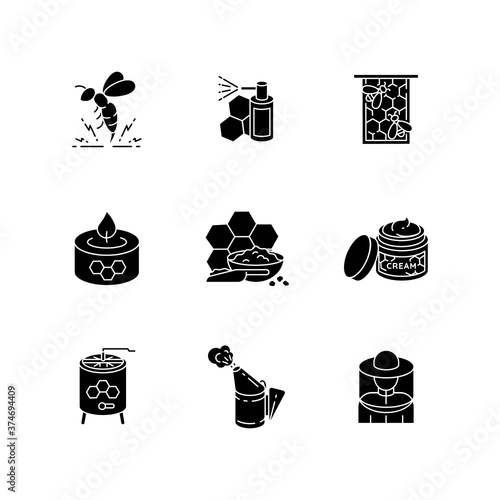 DIY beekeeping black glyph icons set on white space. Homemade apiculture. Natural honey making silhouette symbols. Professional apiarist tools and organic bee products. Vector isolated illustrations