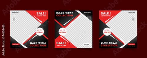 Set of Red and Black social media template for Black Friday, Editable Square Banner Ads, Geometric and Abstract Shape, Electronic Media Vector Illustration