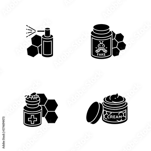Natural bee products black glyph icons set on white space. Propolis mouth spray, fake honey, apitherapy and honey skin care. Beekeeping, apiculture silhouette symbols. Vector isolated illustrations
