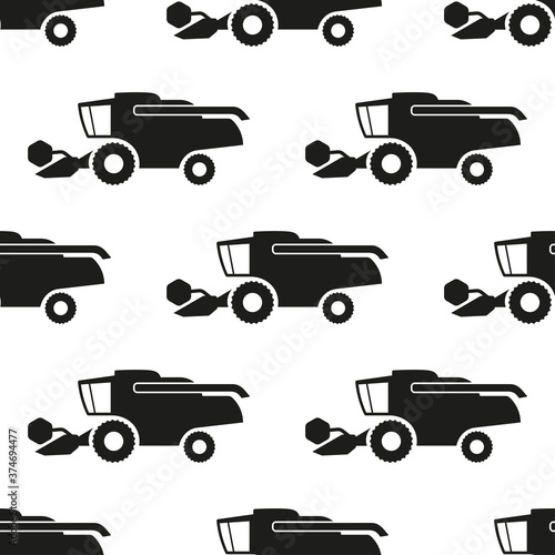 Black combine harvesters isolated on white background. Simple monochrome seamless pattern. Side view. Vector flat graphic illustration. Texture.