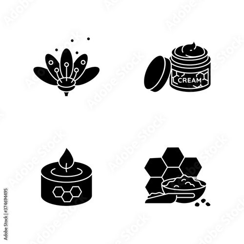 Homemade bee products black glyph icons set on white space. Flower pollen, natural cosmetics, beeswax candle and propolis. Professional apiculture silhouette symbols. Vector isolated illustrations
