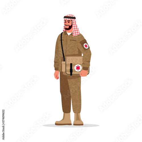 Combat medic semi flat RGB color vector illustration. Noncombatant medic. Male military doctor. Young arab man working as army physician isolated cartoon character on white background