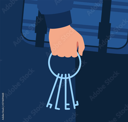 Keys in unknown man hand semi flat RGB color vector illustration. Night housebreaker invasion. Stolen keys bunch. Holding house key isolated cartoon object on dark blue background