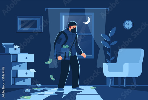 Night bulgar intrusion into apartment semi flat vector illustration. Bandit figure on window background. Money and precious jewelry stealing 2D cartoon character for commercial use