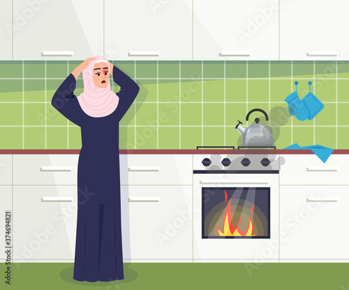 Kitchen fire accident semi flat vector illustration. Muslim woman shocked. Faulty oven. Blazing flame in furnace. Unexpected cookhouse incident 2D cartoon character for commercial use
