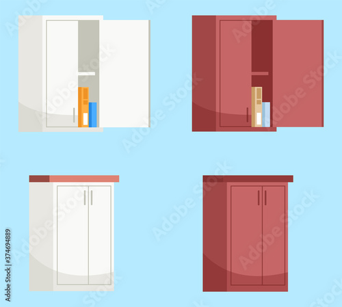Red and white kitchen wall cabinets semi flat RGB color vector illustration set. Kitchen furniture. Open wall cabinet with boxes inside isolated cartoon objects collection on blue background