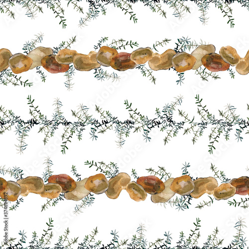 Seamless pattern of watercolor painted rosemary twigs and raw potatoes  isolated on white. For recipes  menu  cookbook  wallpaper  wrapping paper  textile and packaging design.