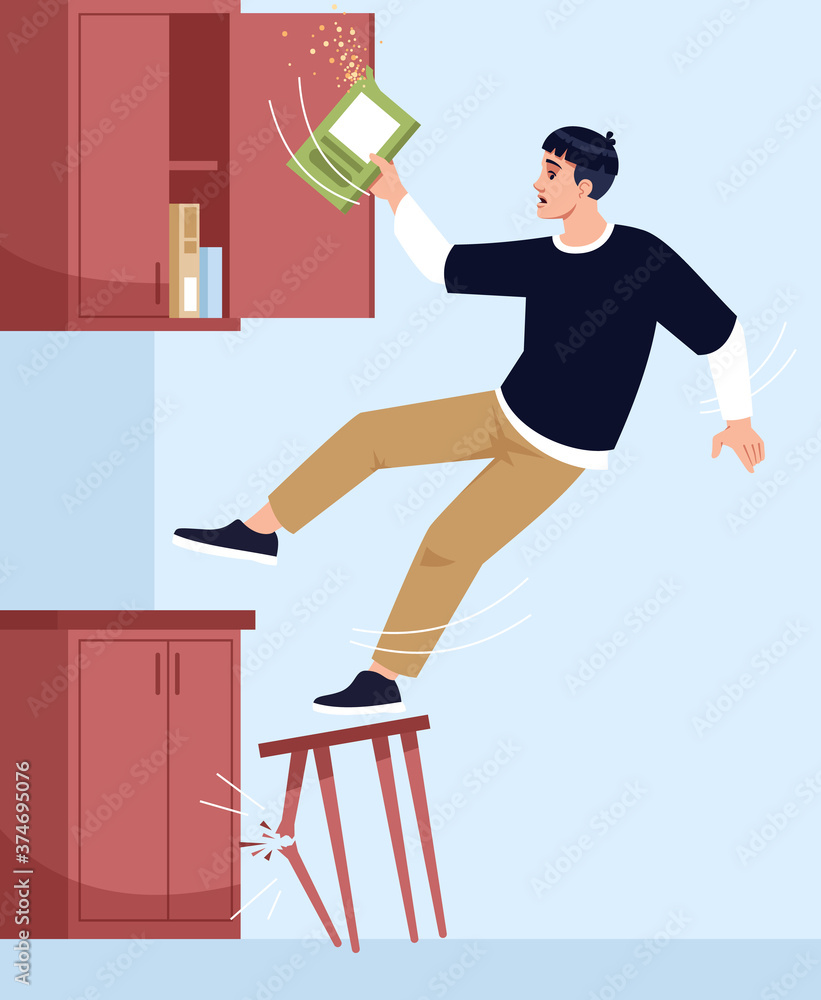 Man falls off chair semi flat vector illustration. Broken chair leg