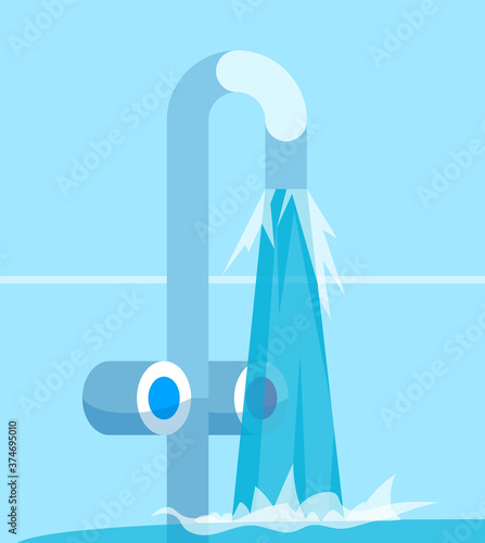 Broken tap water semi flat RGB color vector illustration. Water leak. Floored bathroom. Overflowing bath. Common household accidents isolated cartoon object on turquoise background