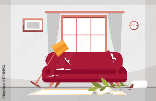 Mess in living room semi flat vector illustration. Bright room with huge window. Shabby sofa. Fallen vase with flower, rumpled carpet. Broken floor lamp 2D cartoon scene for commercial use