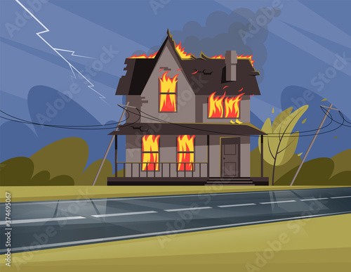 Residential house on fire semi flat vector illustration. Fire captures all windows, door and roof. Crumbling and emptying two-storied building. Withered environment 2D cartoon scene for commercial use