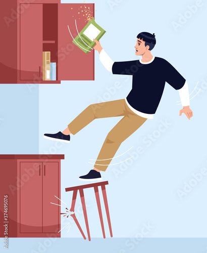 Man falls off chair semi flat vector illustration. Broken chair leg. Dining room. Opened wall cabinet with cereal inside. Light mess in kitchen 2D chartoon characters for commercial use