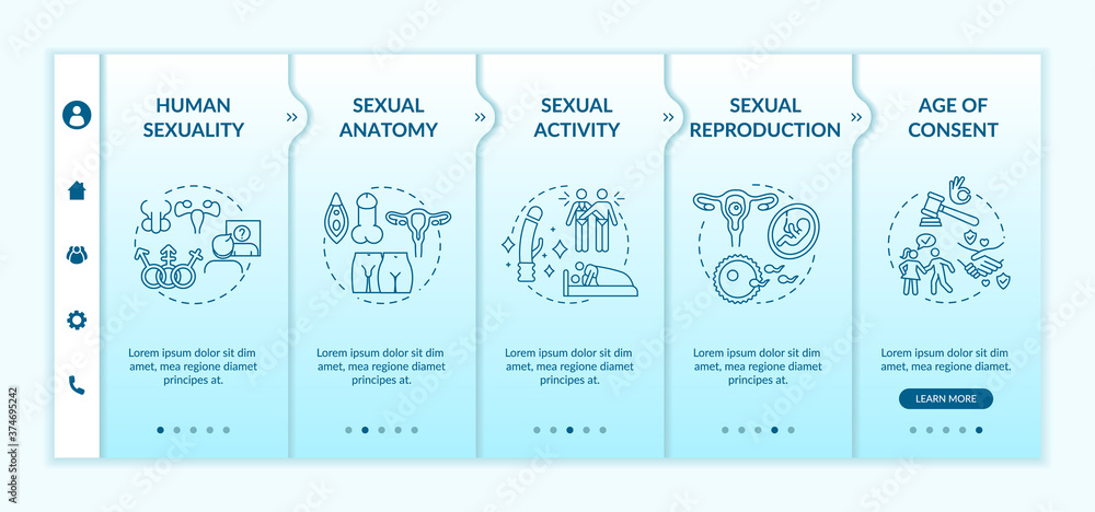 Human sexuality onboarding vector template. Activity in bedroom. Healthy reproduction. Age of consent. Responsive mobile website with icons. Webpage walkthrough step screens. RGB color concept