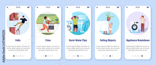 Common home accidents onboarding mobile app screen vector template. Appliance breakdown, falls, fires. Walkthrough website steps with flat characters. Life insurance. Smartphone cartoon UX, UI, GUI
