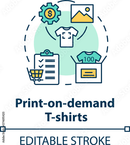 Print on demand T shirts concept icon. Fashion marketplace, online business idea thin line illustration. Customizable clothing service. Vector isolated outline RGB color drawing. Editable stroke
