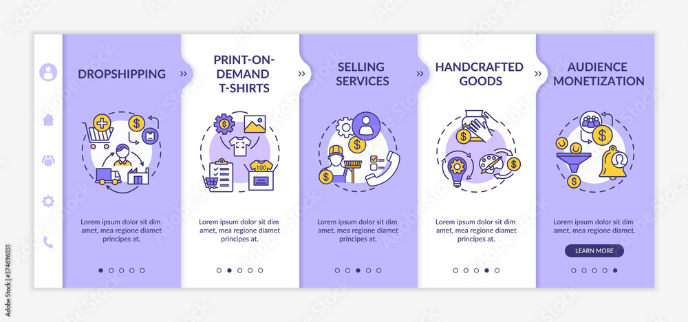 Low investment business ideas onboarding vector template. Online entrepreneurship, internet services. Responsive mobile website with icons. Webpage walkthrough step screens. RGB color concept