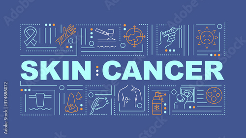 Skin cancer word concepts banner. Skin tumors and growths. Melanoma. Infographics with linear icons on blue background. Isolated typography. Vector outline RGB color illustration