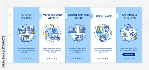 Low investment ideas onboarding vector template. Online entrepreneurship, modern internet business. Responsive mobile website with icons. Webpage walkthrough step screens. RGB color concept