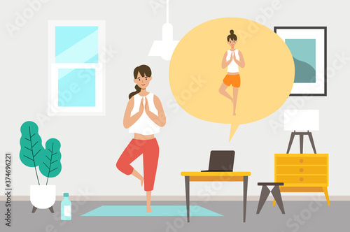 Online fitness concept. Work out via monitor, laptop, tablet. Vector illustration of a woman doing yoga in her home.
