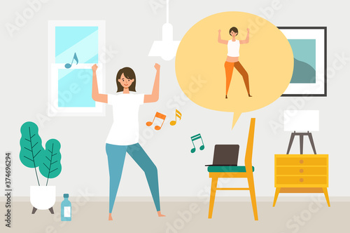Online fitness concept. Work out via monitor, laptop, tablet. Vector illustration of a woman dancing zumba in her home.
