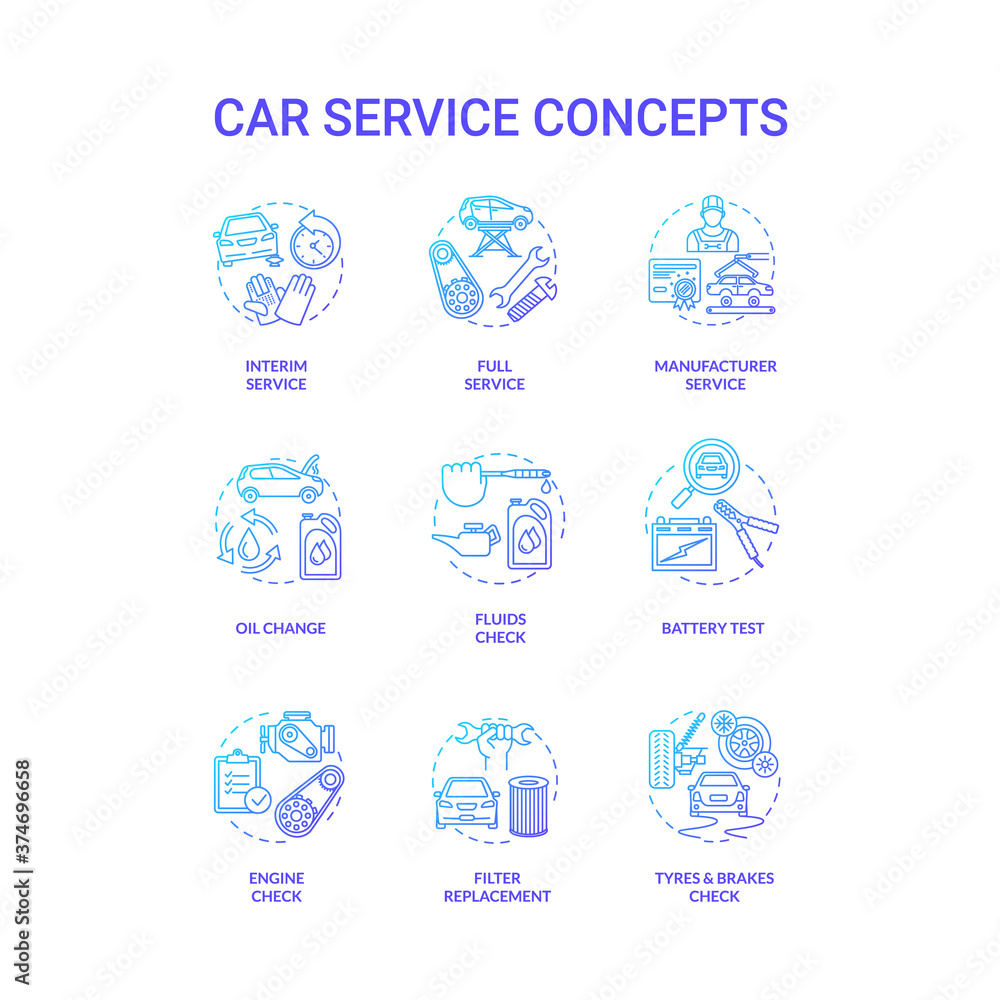 Car service concept icons set. Manufacturer service, air and oil filters replacement, battery check idea thin line RGB color illustrations. Vector isolated outline drawings