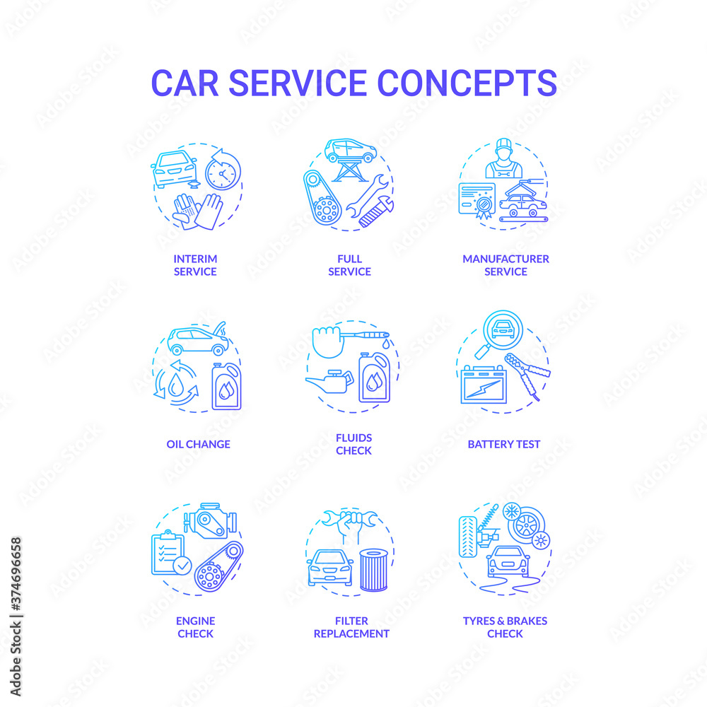 Car service concept icons set. Manufacturer service, air and oil filters replacement, battery check idea thin line RGB color illustrations. Vector isolated outline drawings Car service concept icons set. Manufacturer service, air and oil filters replacement, battery check idea thin line RGB color illustrations. Vector isolated outline drawings