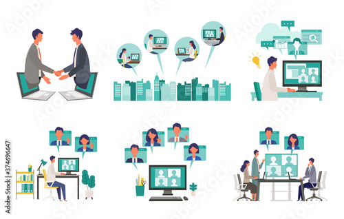 Telecommuting concept. Vector illustration of people having communication via telecommuting system. Concept for any telework illustration, video conference, workers at home. photo