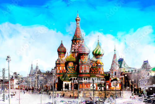 Digital Sketch and Drawing with color marker pen of Moscow,Russia, St. Basil's Cathedral and Kremlin Walls and Tower in Red square.